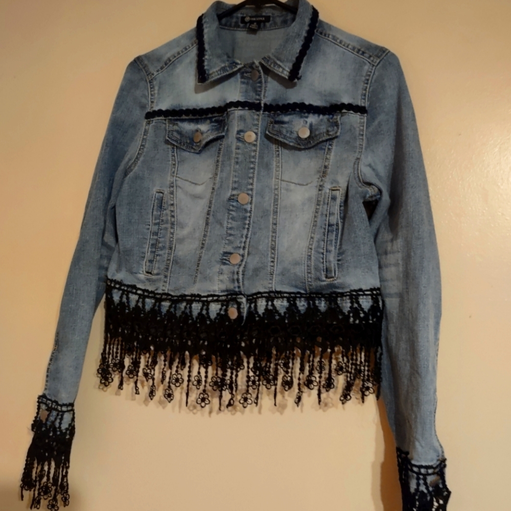 Denim Jacket with Black Lace Fringe